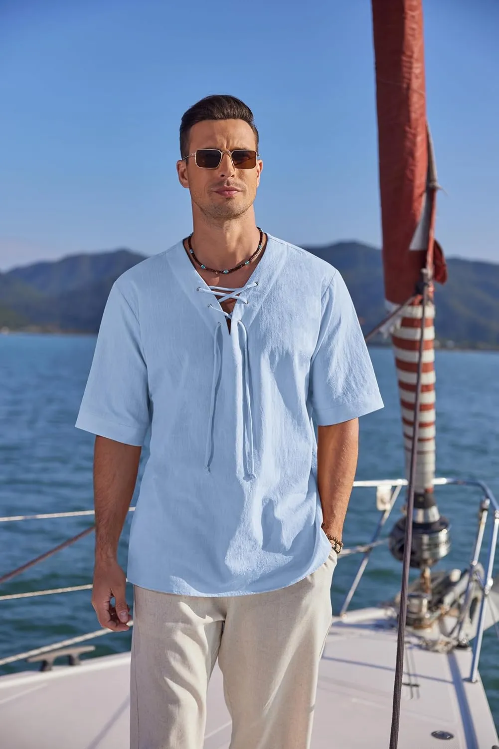 COOFANDY Men Linen Cotton Shirt Beach Lace Up V Neck Shirts Hippie Viking Meditation Tunic