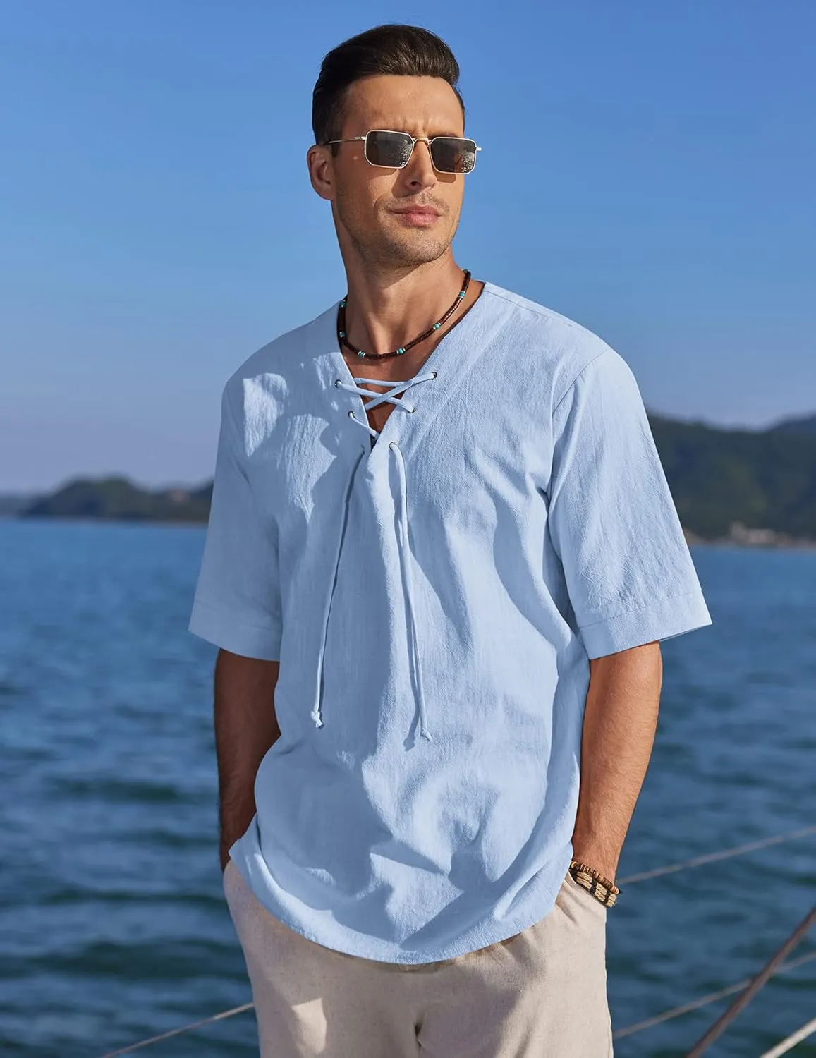 COOFANDY Men Linen Cotton Shirt Beach Lace Up V Neck Shirts Hippie Viking Meditation Tunic