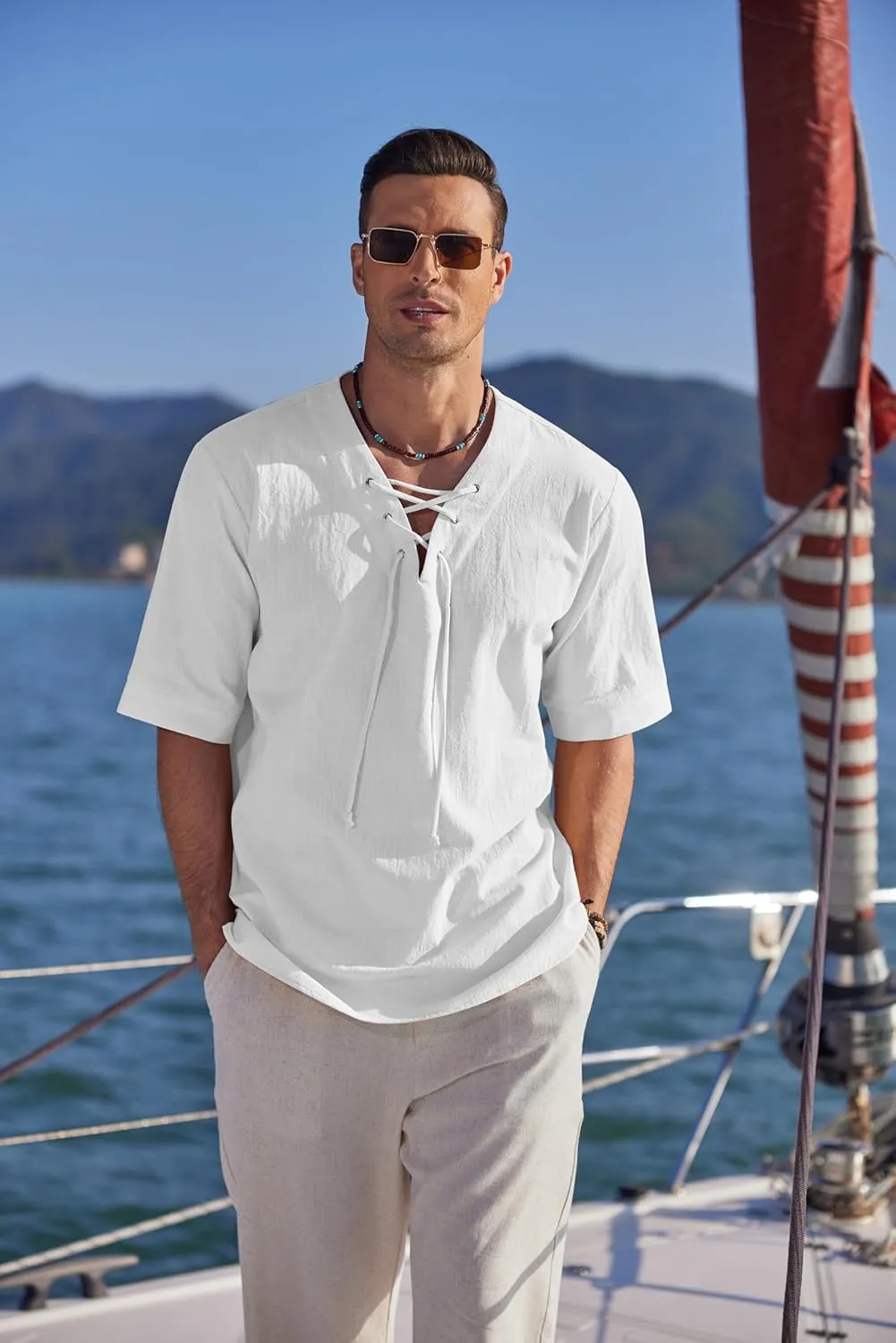 COOFANDY Men Linen Cotton Shirt Beach Lace Up V Neck Shirts Hippie Viking Meditation Tunic