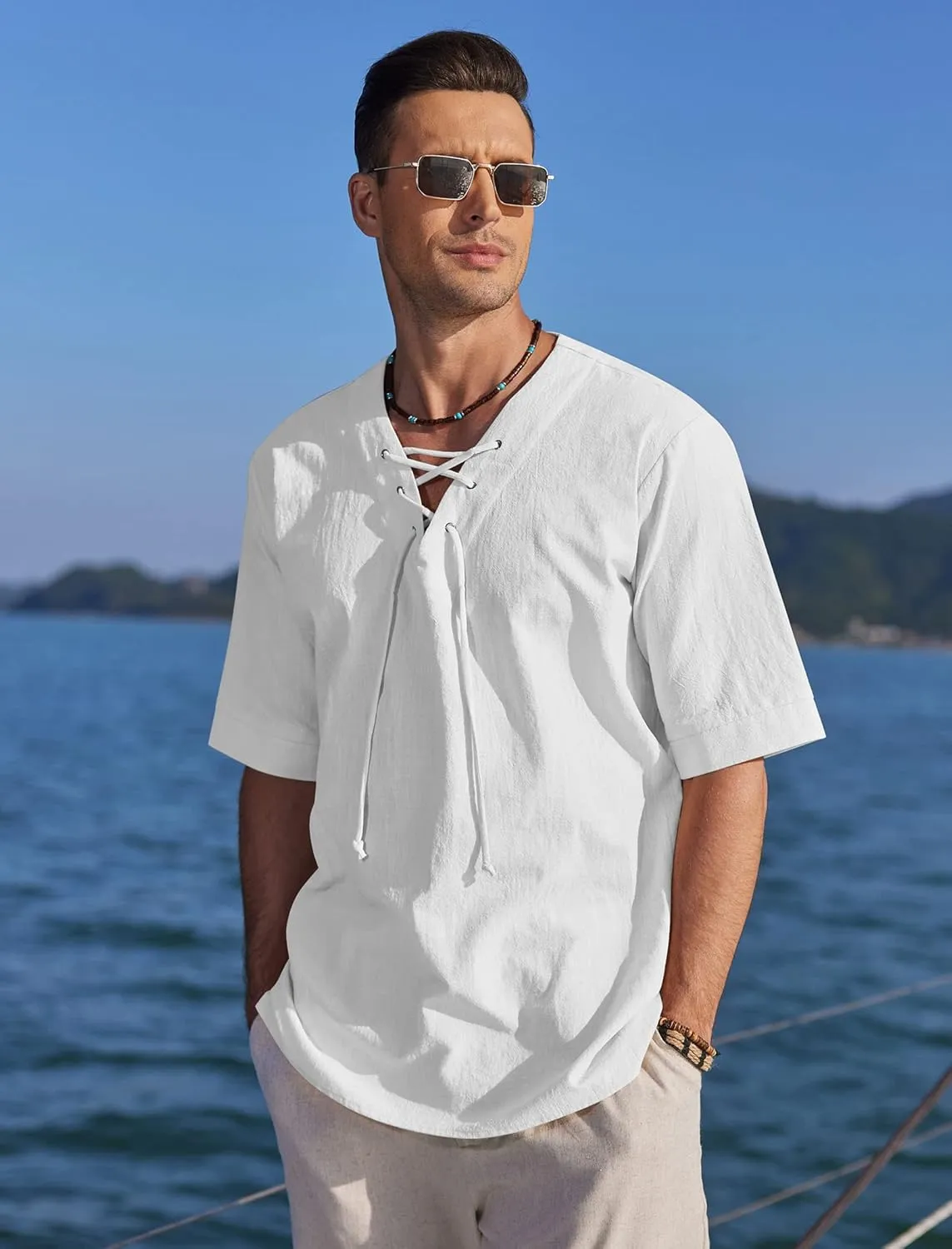 COOFANDY Men Linen Cotton Shirt Beach Lace Up V Neck Shirts Hippie Viking Meditation Tunic