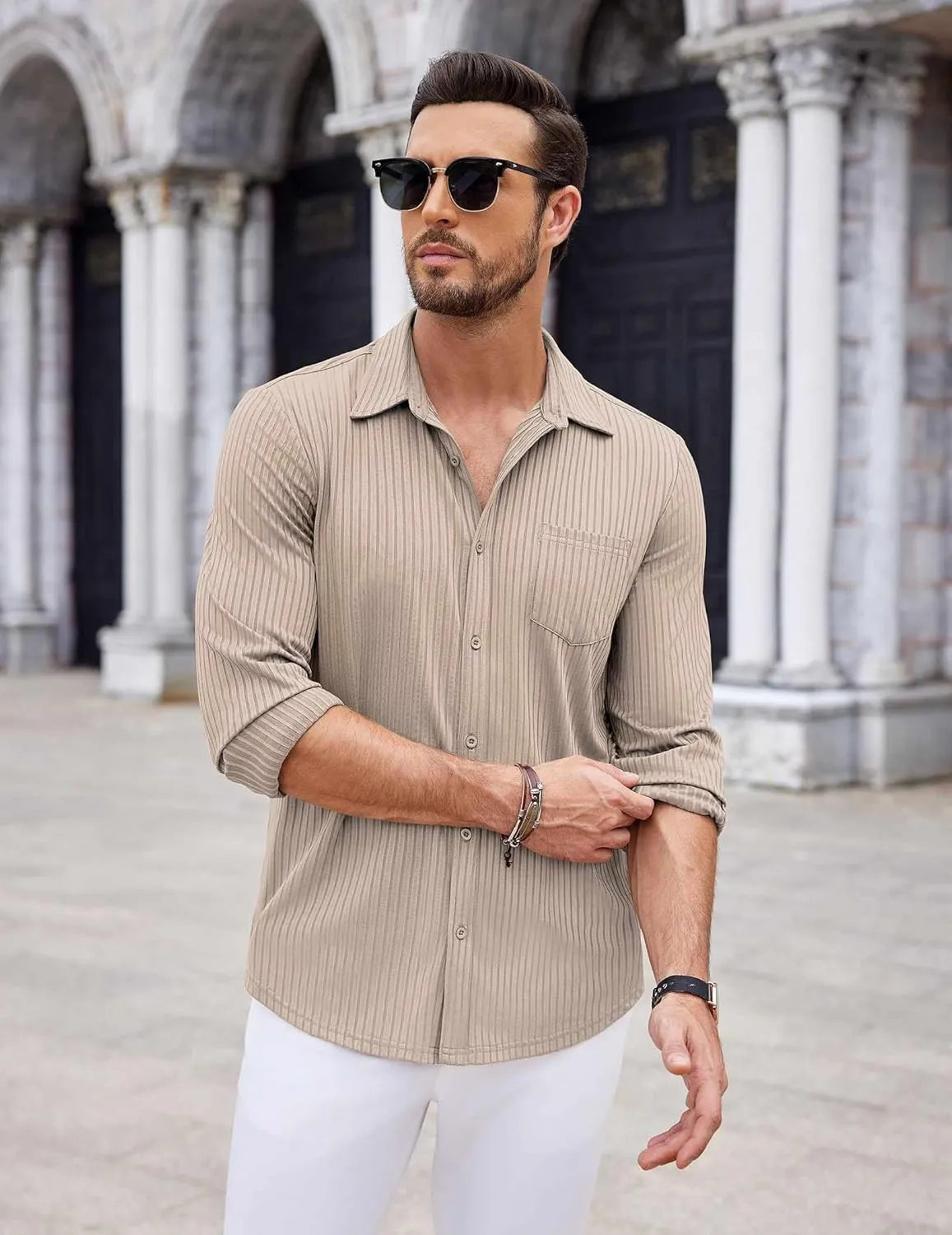COOFANDY Men's Casual Button Down Shirt Long Sleeve Wrinkle Free Shirts Loose fit Shirt Textured Stretch Shirts with Pocket