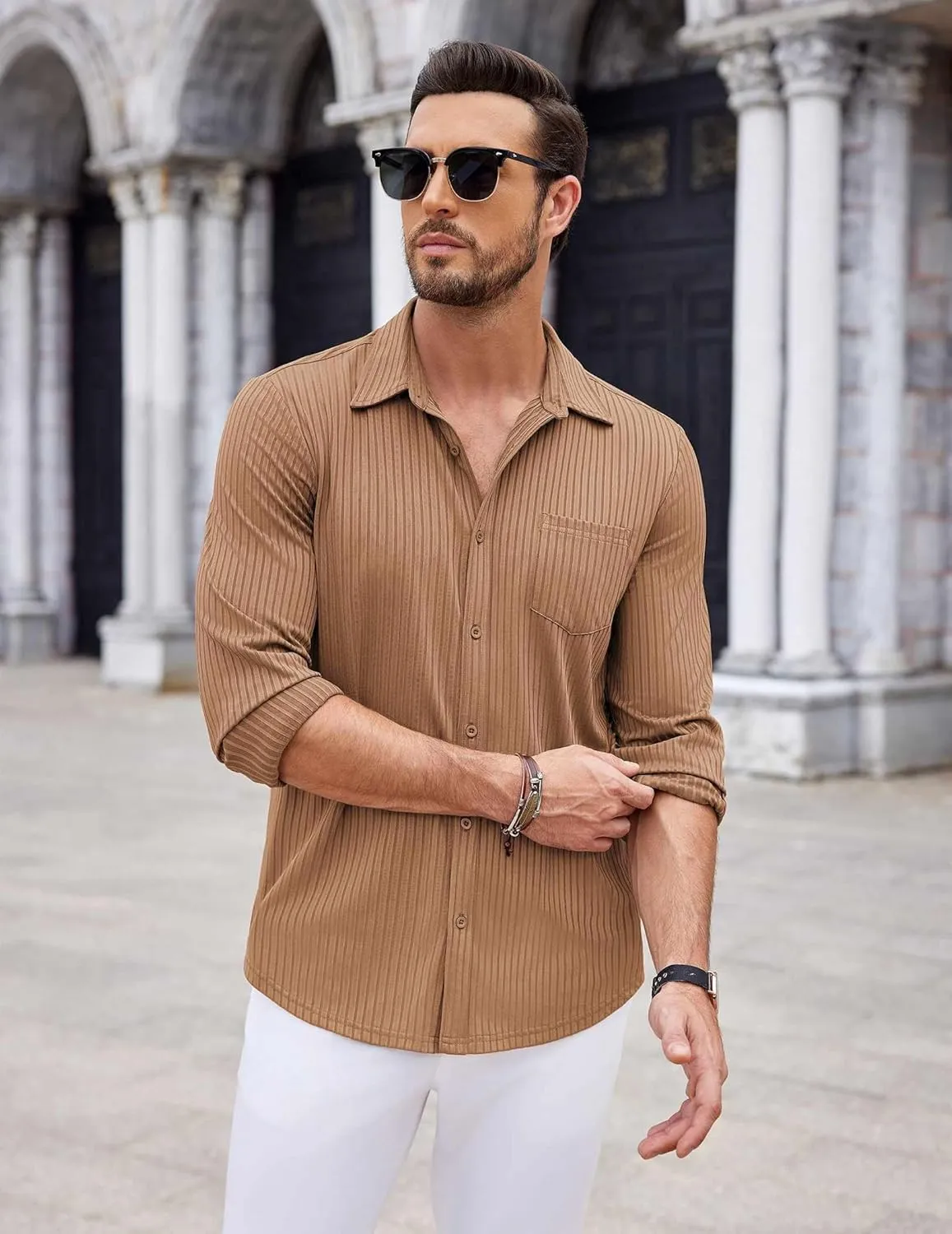 COOFANDY Men's Casual Button Down Shirt Long Sleeve Wrinkle Free Shirts Loose fit Shirt Textured Stretch Shirts with Pocket