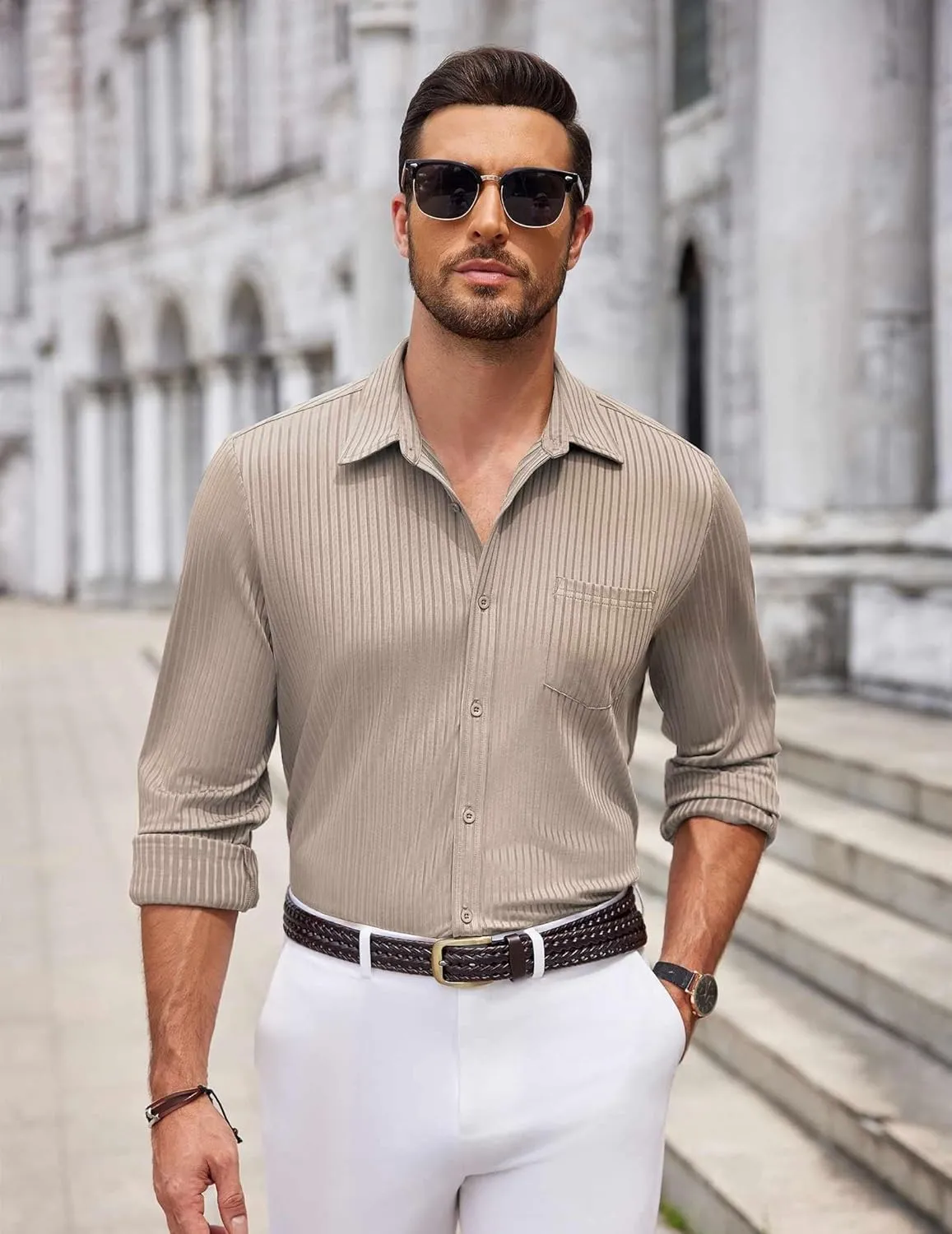 COOFANDY Men's Casual Button Down Shirt Long Sleeve Wrinkle Free Shirts Loose fit Shirt Textured Stretch Shirts with Pocket