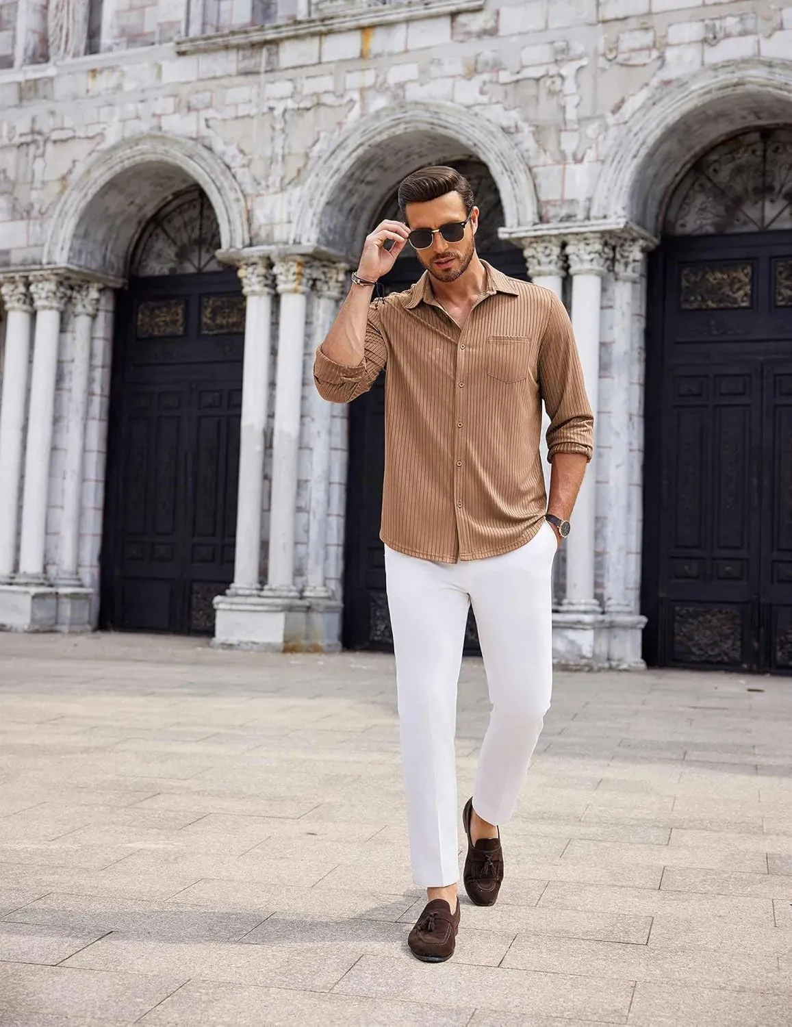 COOFANDY Men's Casual Button Down Shirt Long Sleeve Wrinkle Free Shirts Loose fit Shirt Textured Stretch Shirts with Pocket