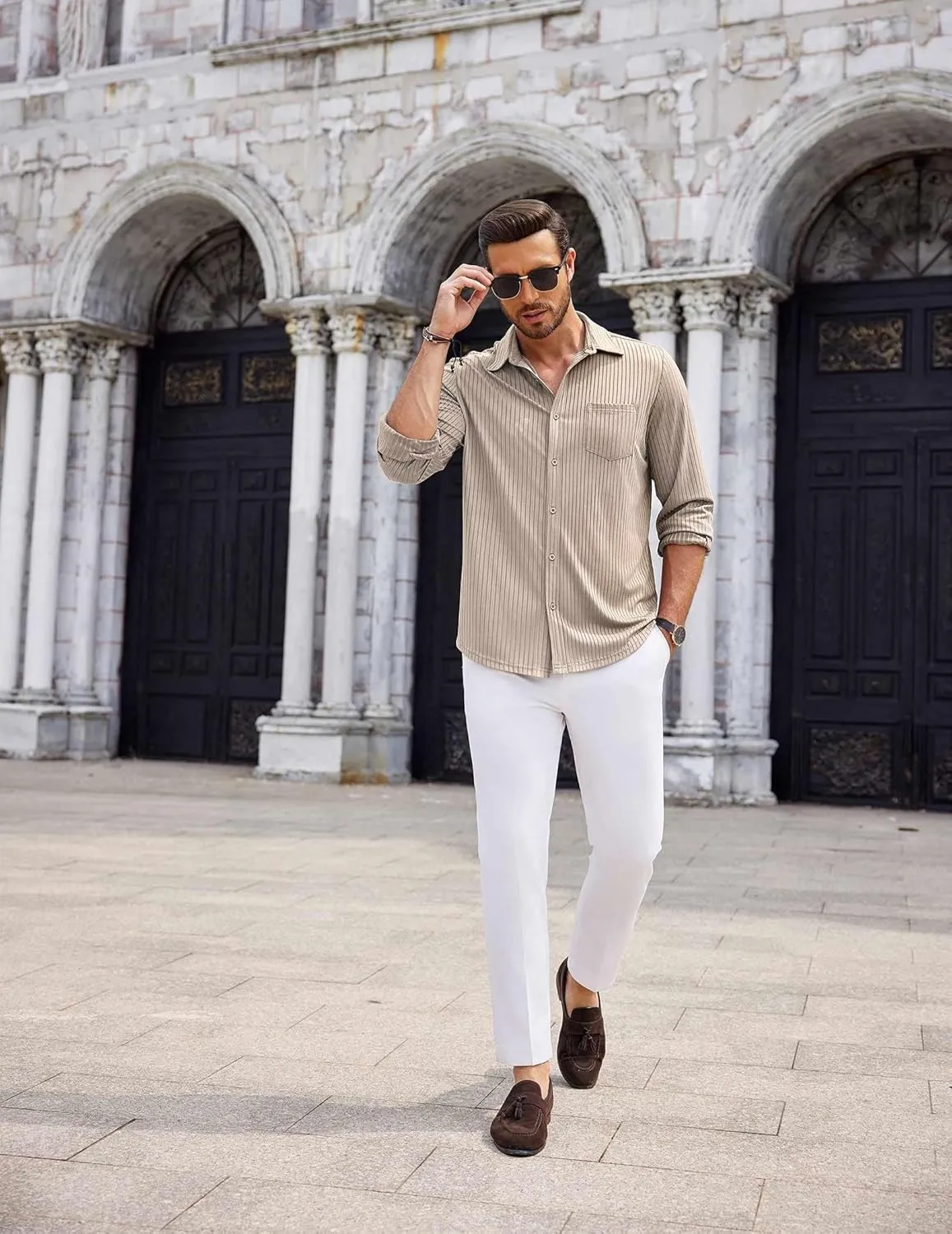 COOFANDY Men's Casual Button Down Shirt Long Sleeve Wrinkle Free Shirts Loose fit Shirt Textured Stretch Shirts with Pocket