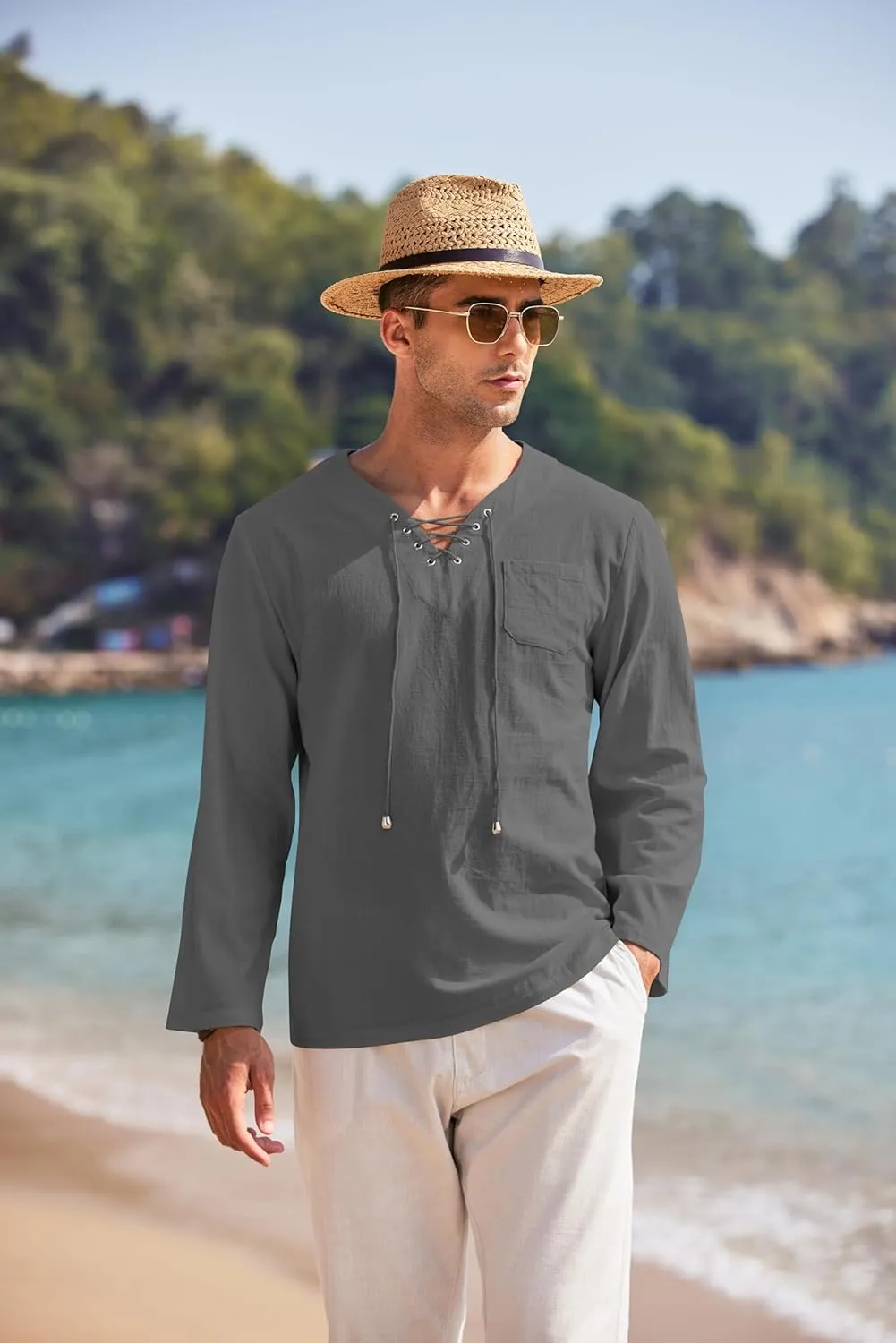 COOFANDY Mens Linen Beach Tee Shirts Cotton Hippie Shirts V Neck Long Sleeve Tunic Big and Tall Yoga Shirt