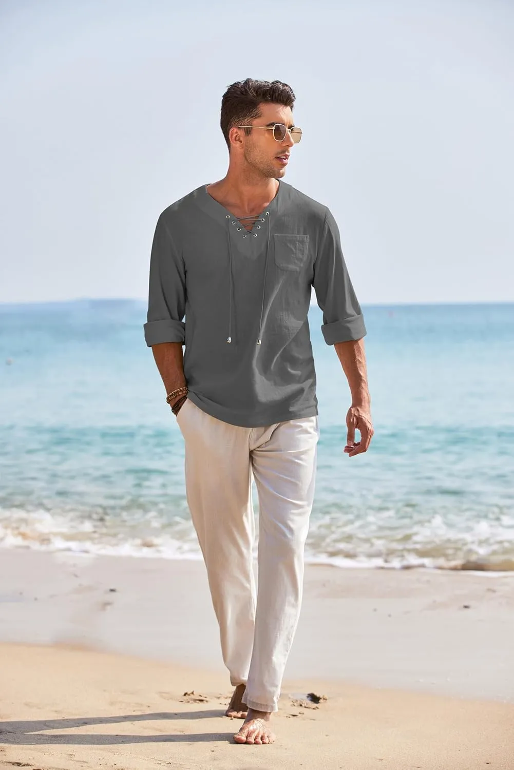 COOFANDY Mens Linen Beach Tee Shirts Cotton Hippie Shirts V Neck Long Sleeve Tunic Big and Tall Yoga Shirt