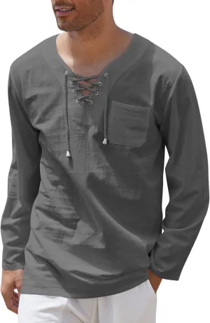 COOFANDY Mens Linen Beach Tee Shirts Cotton Hippie Shirts V Neck Long Sleeve Tunic Big and Tall Yoga Shirt