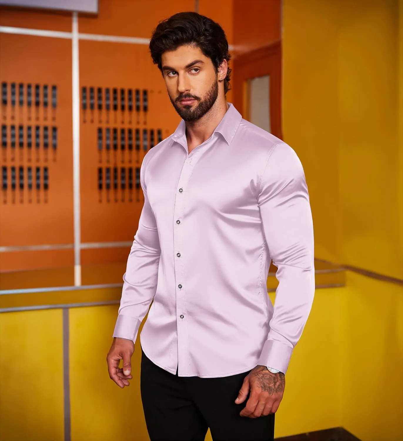 COOFANDY Men's Silk Satin Dress Shirts Jacquard Long Sleeve Floral Button Up Shirts Party Prom Wedding Shirt