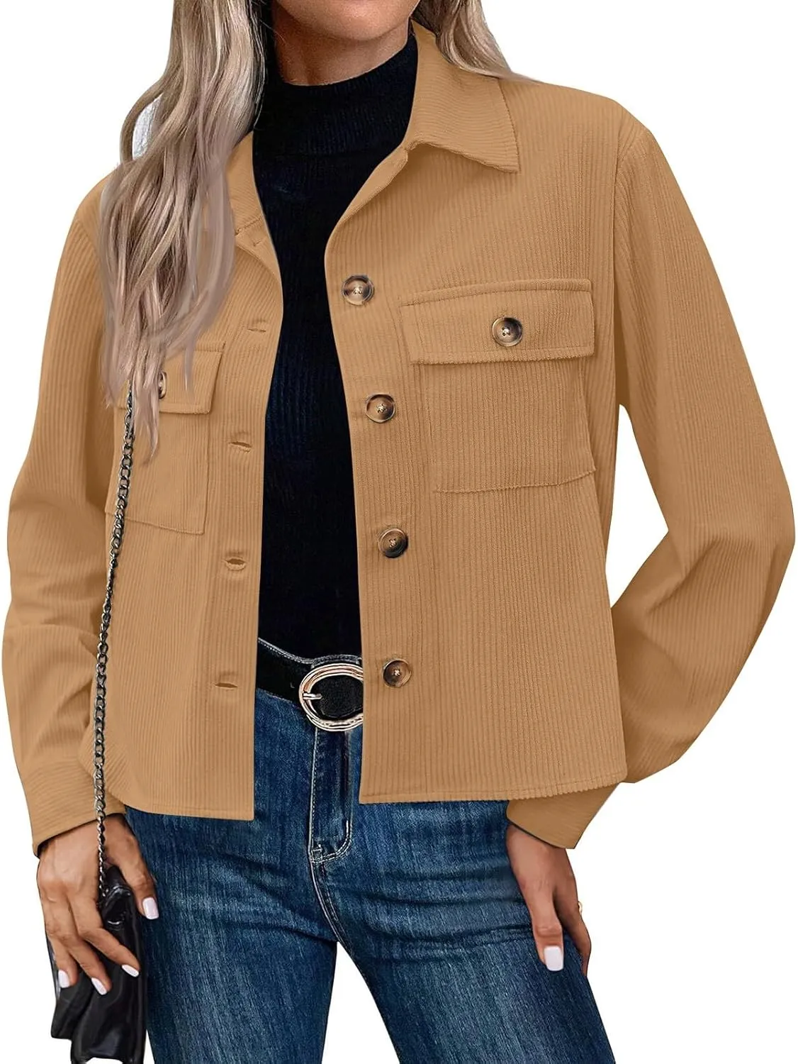 Corduroy Shacket Women Cropped Button Down Shirts Jacket Casual Fall Long Sleeve Crop Tops Bomber Jacket with Pockets