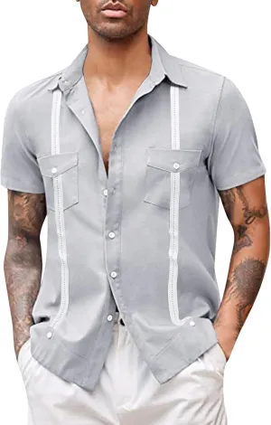 Cotton Linen Shirts for Men, Men's Cuban Guayabera Shirts Short Sleeve Casual Button Down Shirt Fashion Summer Beach Shirt