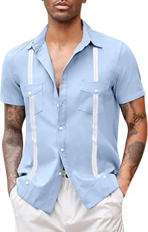 Cotton Linen Shirts for Men, Men's Cuban Guayabera Shirts Short Sleeve Casual Button Down Shirt Fashion Summer Beach Shirt