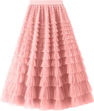 COZYPOIN Girls Tulle Skirts Elastic High Waisted A Line Layered Ruffles Mesh Long Tiered Tutu Skirt Party Outfit 5-14T