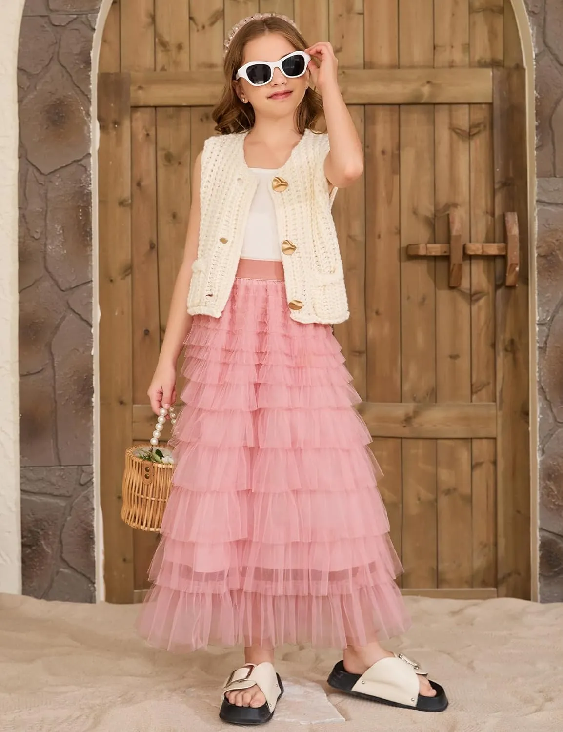 COZYPOIN Girls Tulle Skirts Elastic High Waisted A Line Layered Ruffles Mesh Long Tiered Tutu Skirt Party Outfit 5-14T