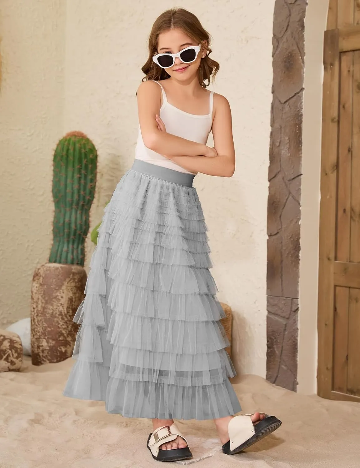 COZYPOIN Girls Tulle Skirts Elastic High Waisted A Line Layered Ruffles Mesh Long Tiered Tutu Skirt Party Outfit 5-14T