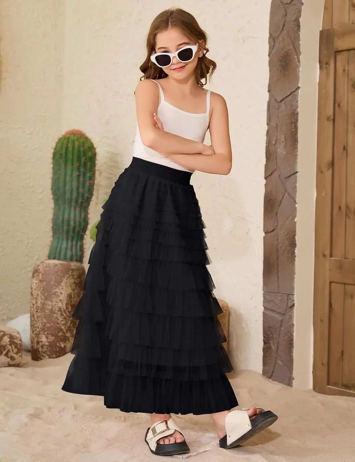 COZYPOIN Girls Tulle Skirts Elastic High Waisted A Line Layered Ruffles Mesh Long Tiered Tutu Skirt Party Outfit 5-14T