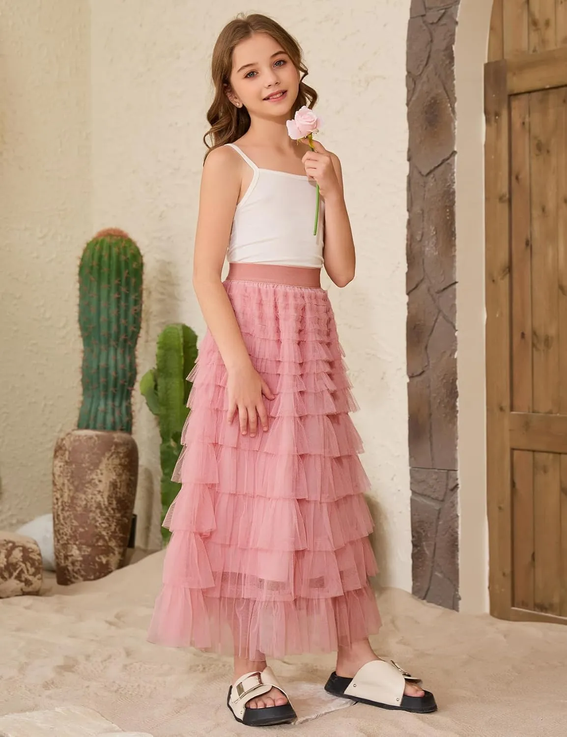 COZYPOIN Girls Tulle Skirts Elastic High Waisted A Line Layered Ruffles Mesh Long Tiered Tutu Skirt Party Outfit 5-14T