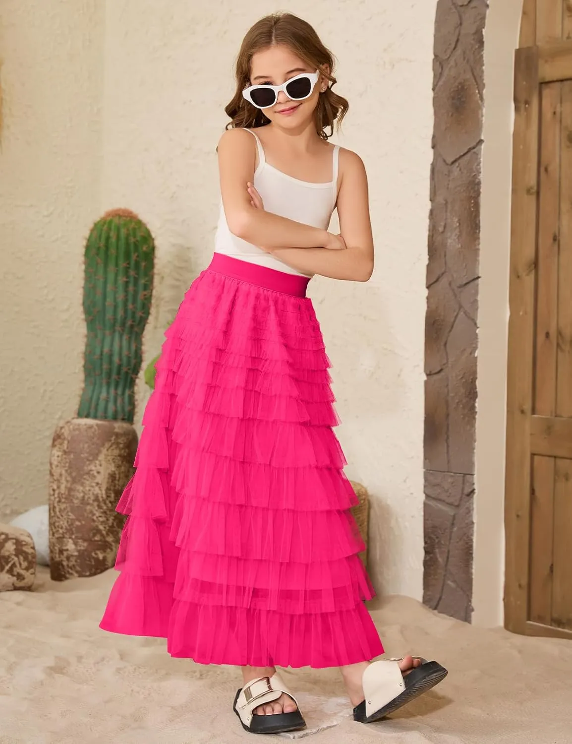 COZYPOIN Girls Tulle Skirts Elastic High Waisted A Line Layered Ruffles Mesh Long Tiered Tutu Skirt Party Outfit 5-14T