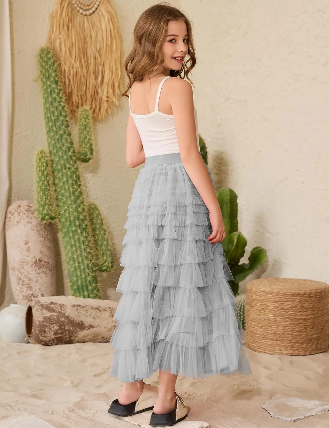 COZYPOIN Girls Tulle Skirts Elastic High Waisted A Line Layered Ruffles Mesh Long Tiered Tutu Skirt Party Outfit 5-14T