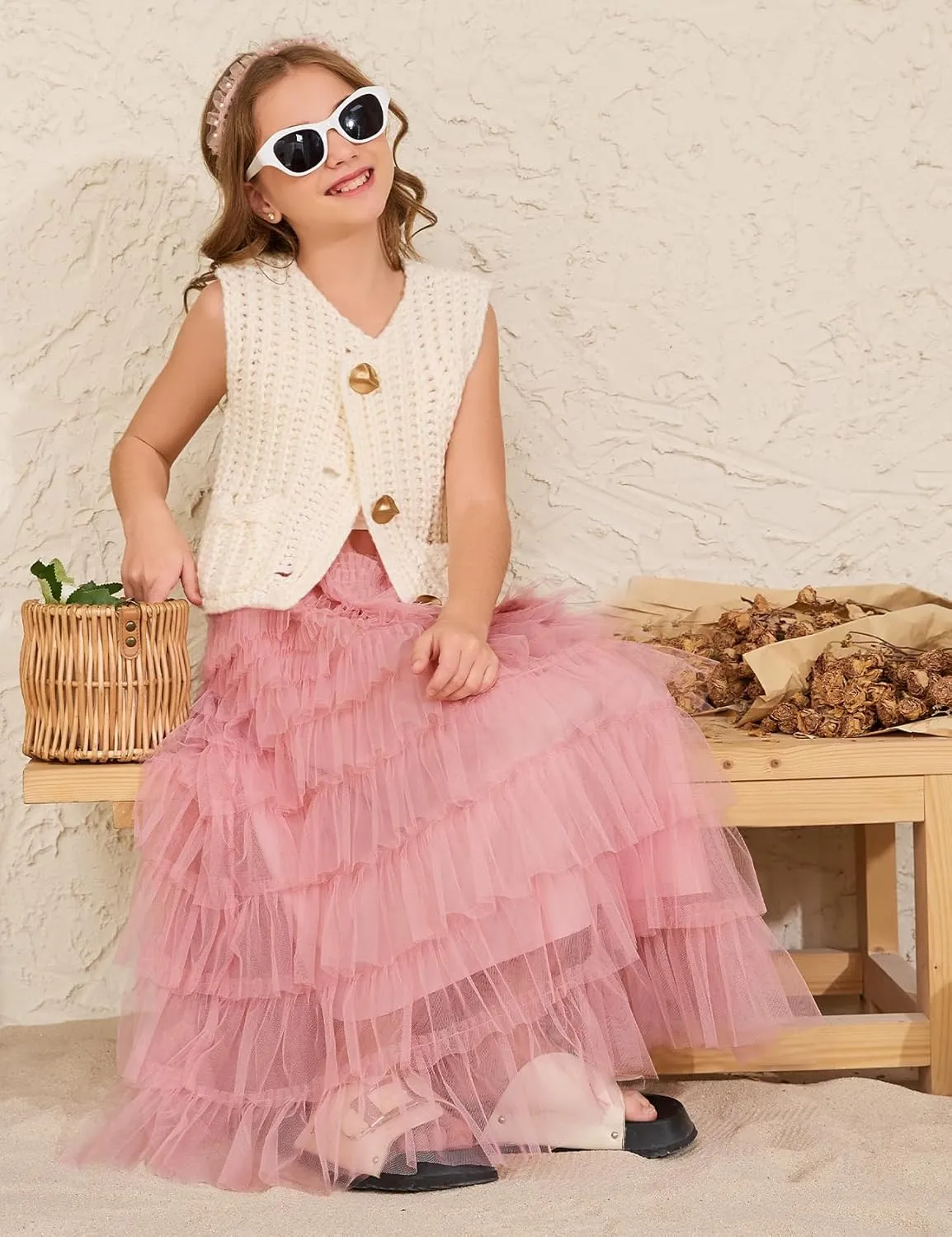 COZYPOIN Girls Tulle Skirts Elastic High Waisted A Line Layered Ruffles Mesh Long Tiered Tutu Skirt Party Outfit 5-14T