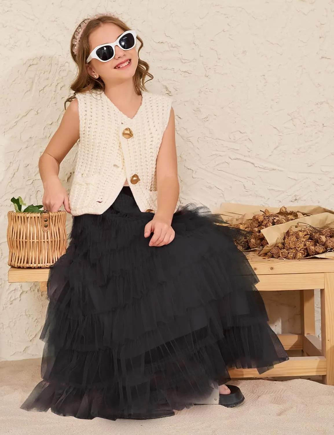 COZYPOIN Girls Tulle Skirts Elastic High Waisted A Line Layered Ruffles Mesh Long Tiered Tutu Skirt Party Outfit 5-14T