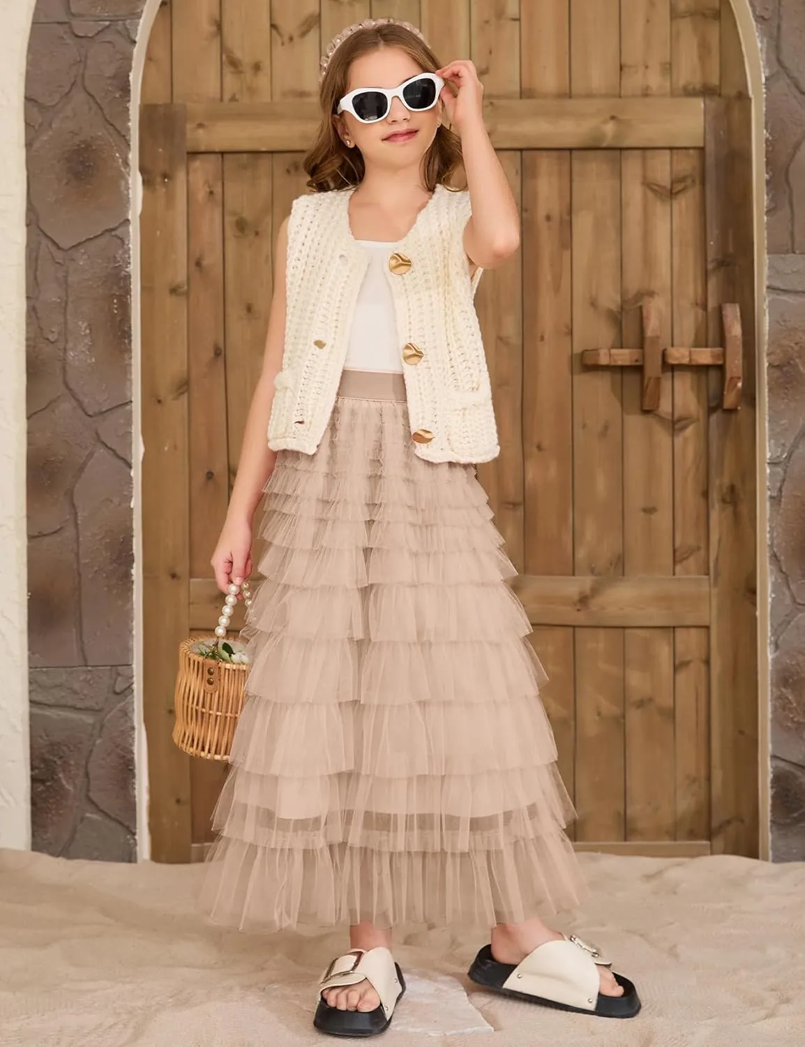 COZYPOIN Girls Tulle Skirts Elastic High Waisted A Line Layered Ruffles Mesh Long Tiered Tutu Skirt Party Outfit 5-14T