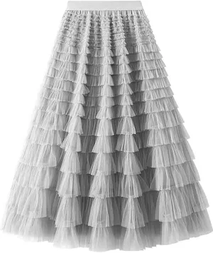 COZYPOIN Girls Tulle Skirts Elastic High Waisted A Line Layered Ruffles Mesh Long Tiered Tutu Skirt Party Outfit 5-14T