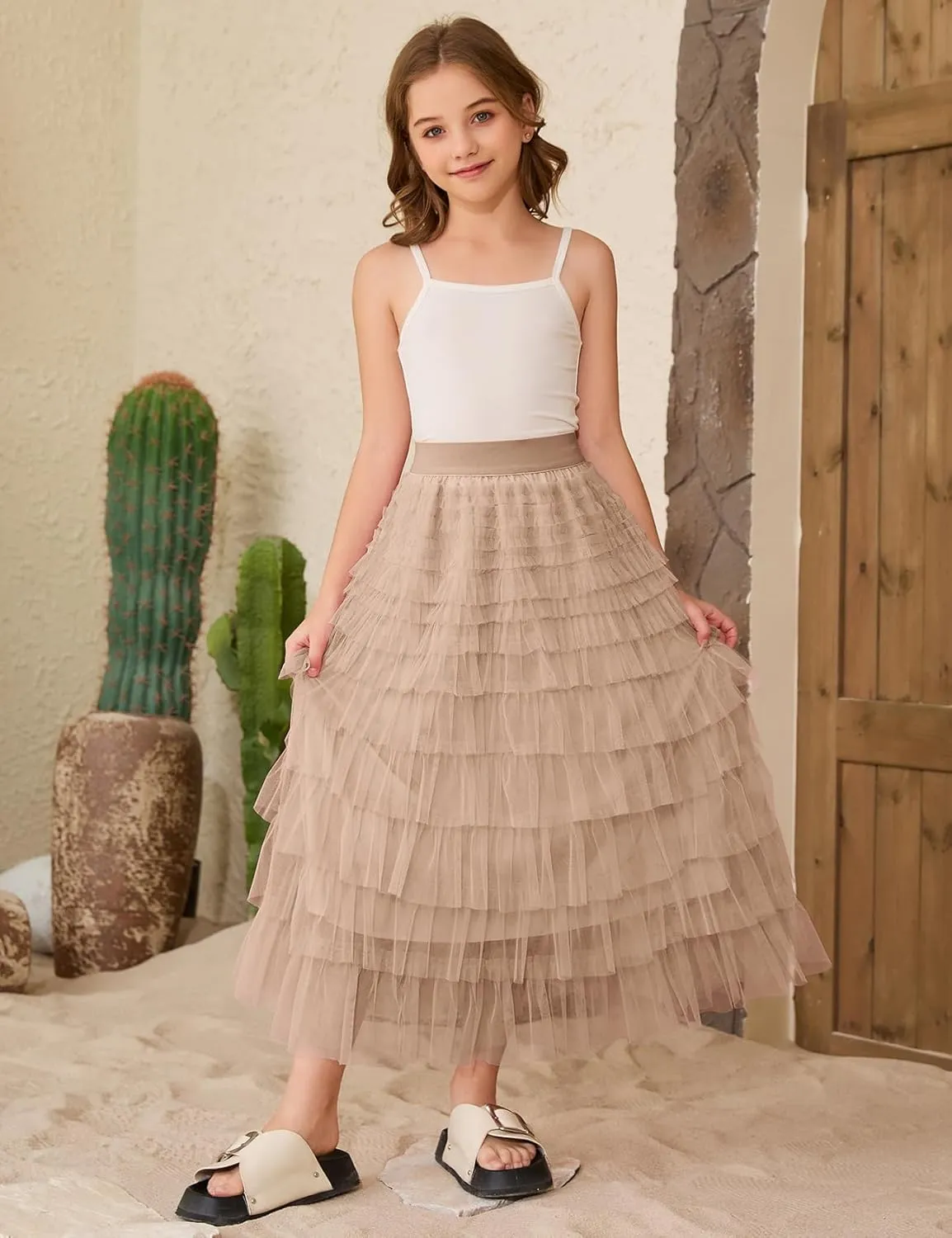 COZYPOIN Girls Tulle Skirts Elastic High Waisted A Line Layered Ruffles Mesh Long Tiered Tutu Skirt Party Outfit 5-14T