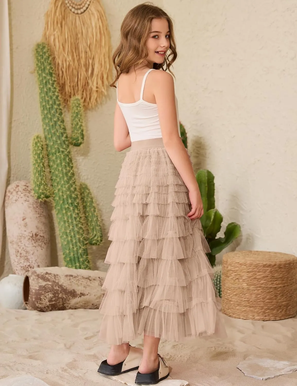 COZYPOIN Girls Tulle Skirts Elastic High Waisted A Line Layered Ruffles Mesh Long Tiered Tutu Skirt Party Outfit 5-14T