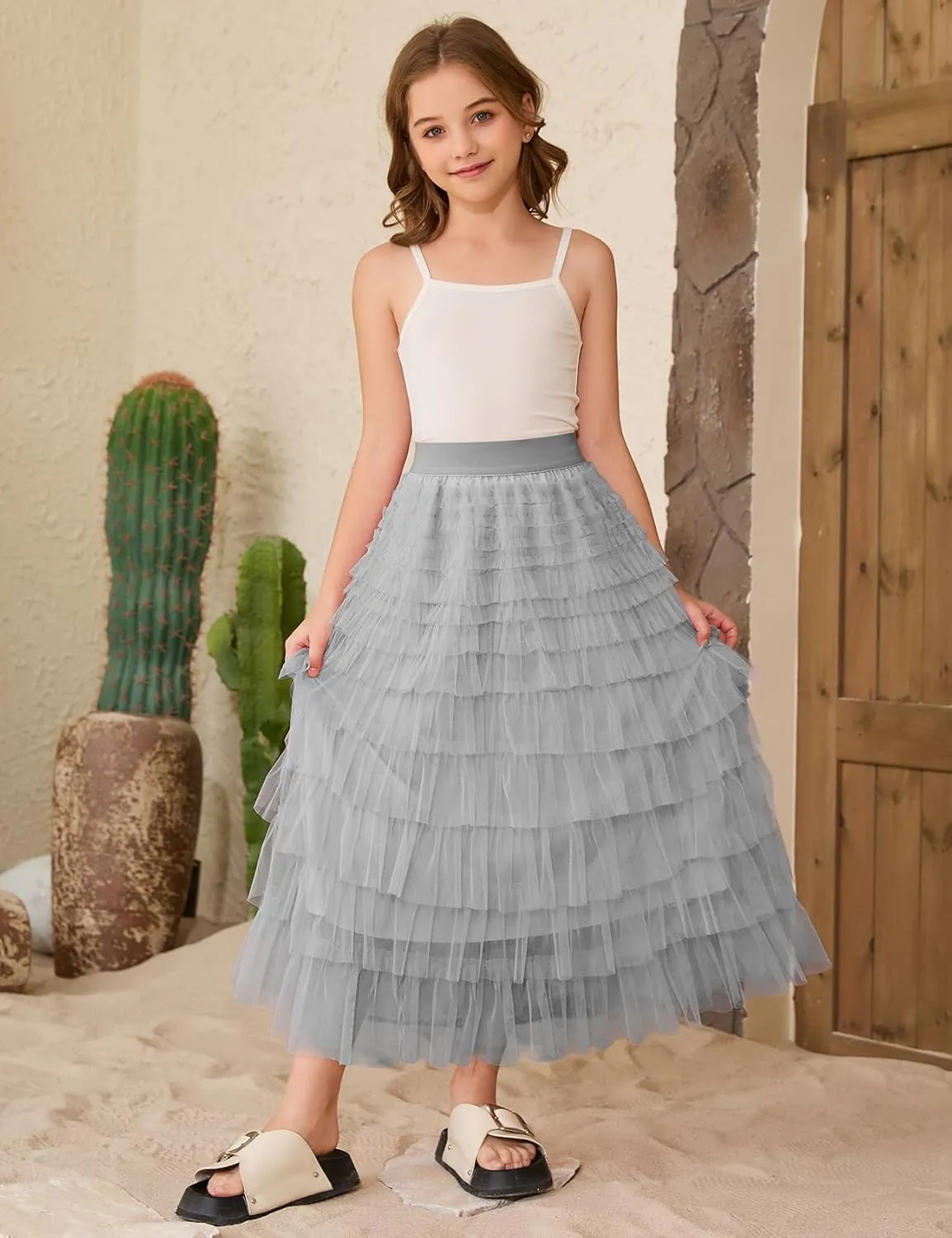 COZYPOIN Girls Tulle Skirts Elastic High Waisted A Line Layered Ruffles Mesh Long Tiered Tutu Skirt Party Outfit 5-14T