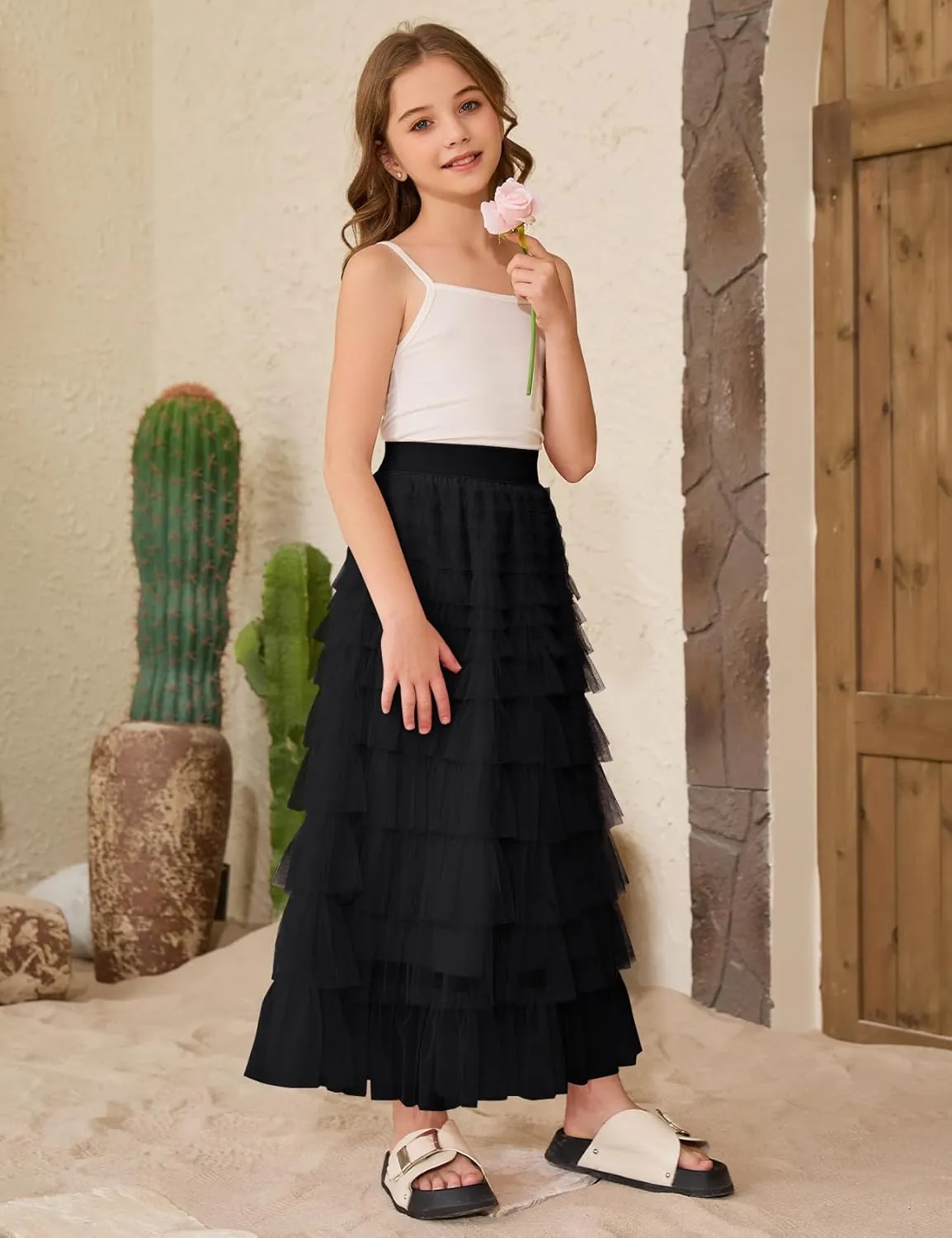 COZYPOIN Girls Tulle Skirts Elastic High Waisted A Line Layered Ruffles Mesh Long Tiered Tutu Skirt Party Outfit 5-14T