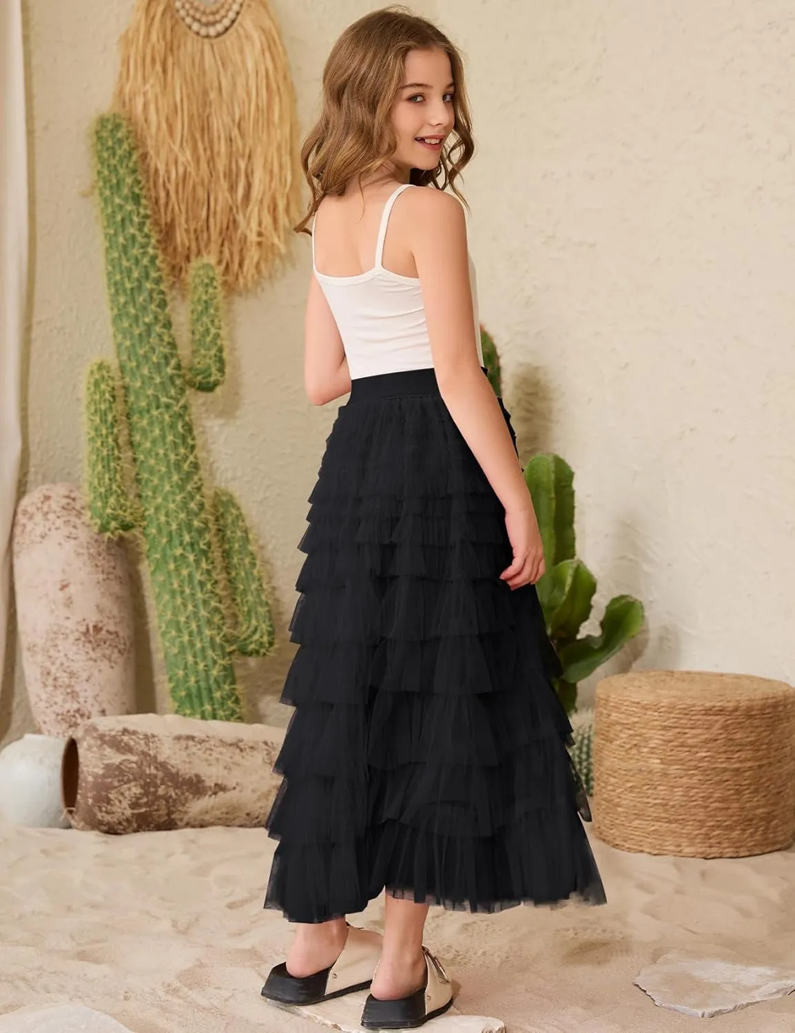 COZYPOIN Girls Tulle Skirts Elastic High Waisted A Line Layered Ruffles Mesh Long Tiered Tutu Skirt Party Outfit 5-14T