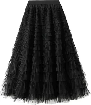 COZYPOIN Girls Tulle Skirts Elastic High Waisted A Line Layered Ruffles Mesh Long Tiered Tutu Skirt Party Outfit 5-14T