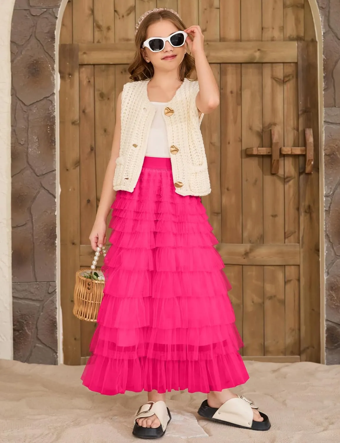 COZYPOIN Girls Tulle Skirts Elastic High Waisted A Line Layered Ruffles Mesh Long Tiered Tutu Skirt Party Outfit 5-14T