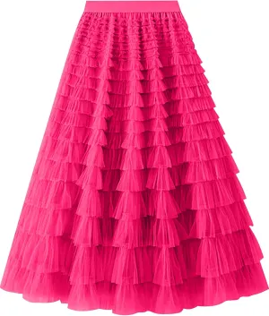 COZYPOIN Girls Tulle Skirts Elastic High Waisted A Line Layered Ruffles Mesh Long Tiered Tutu Skirt Party Outfit 5-14T