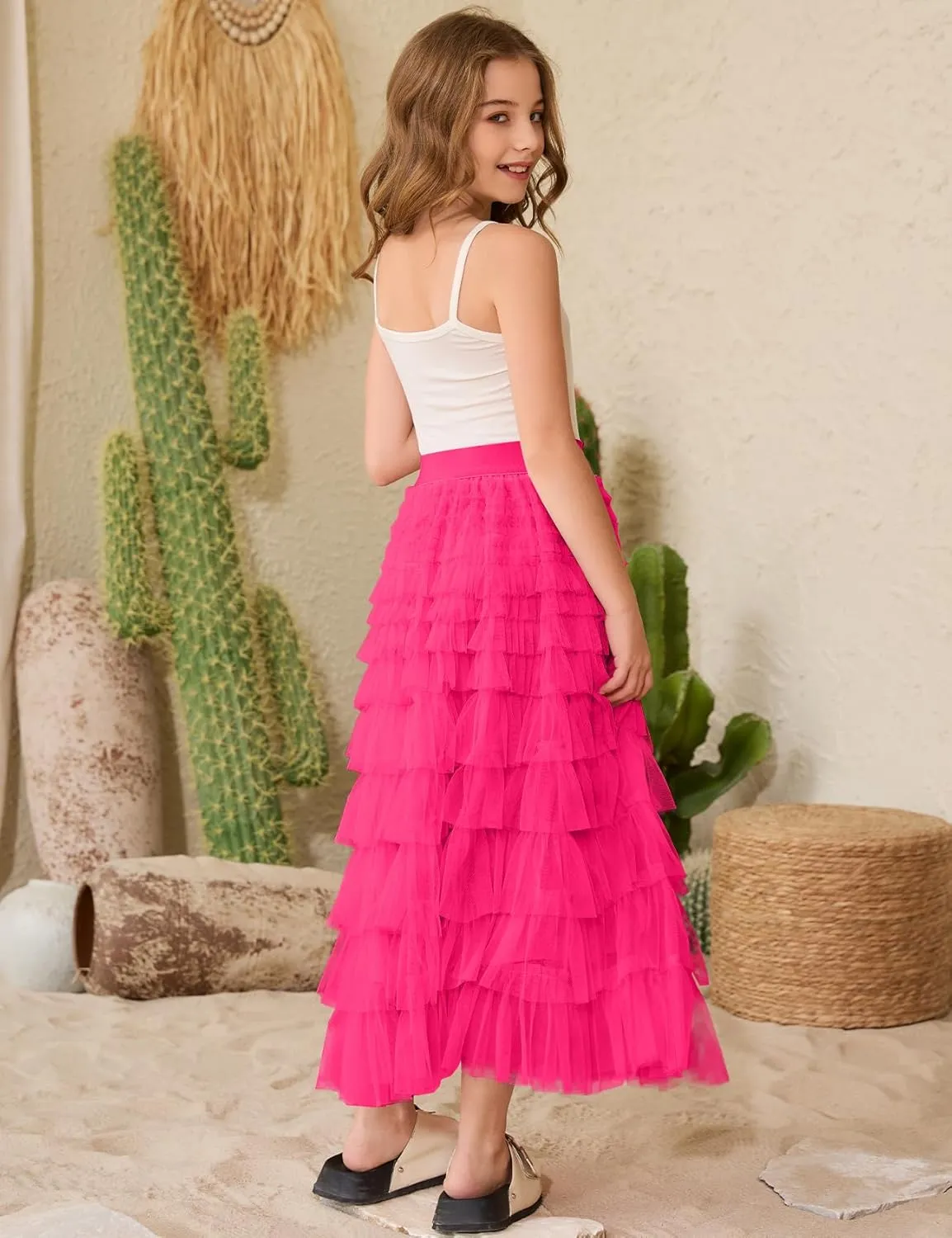 COZYPOIN Girls Tulle Skirts Elastic High Waisted A Line Layered Ruffles Mesh Long Tiered Tutu Skirt Party Outfit 5-14T