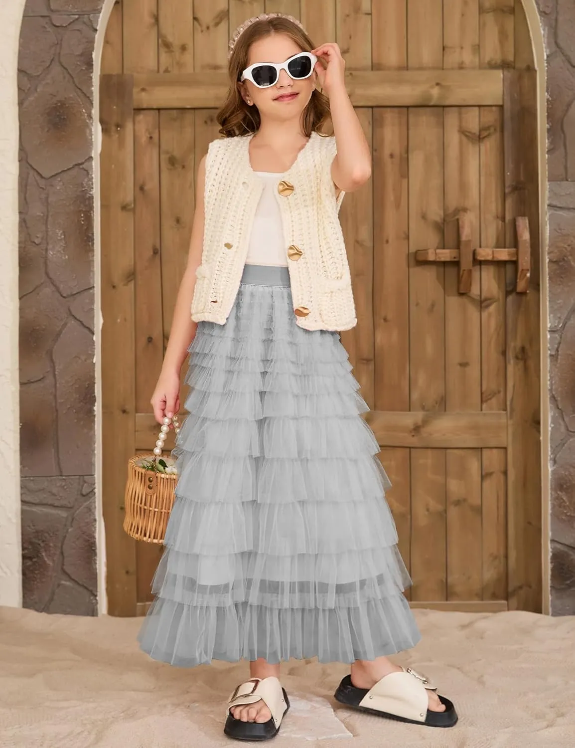 COZYPOIN Girls Tulle Skirts Elastic High Waisted A Line Layered Ruffles Mesh Long Tiered Tutu Skirt Party Outfit 5-14T