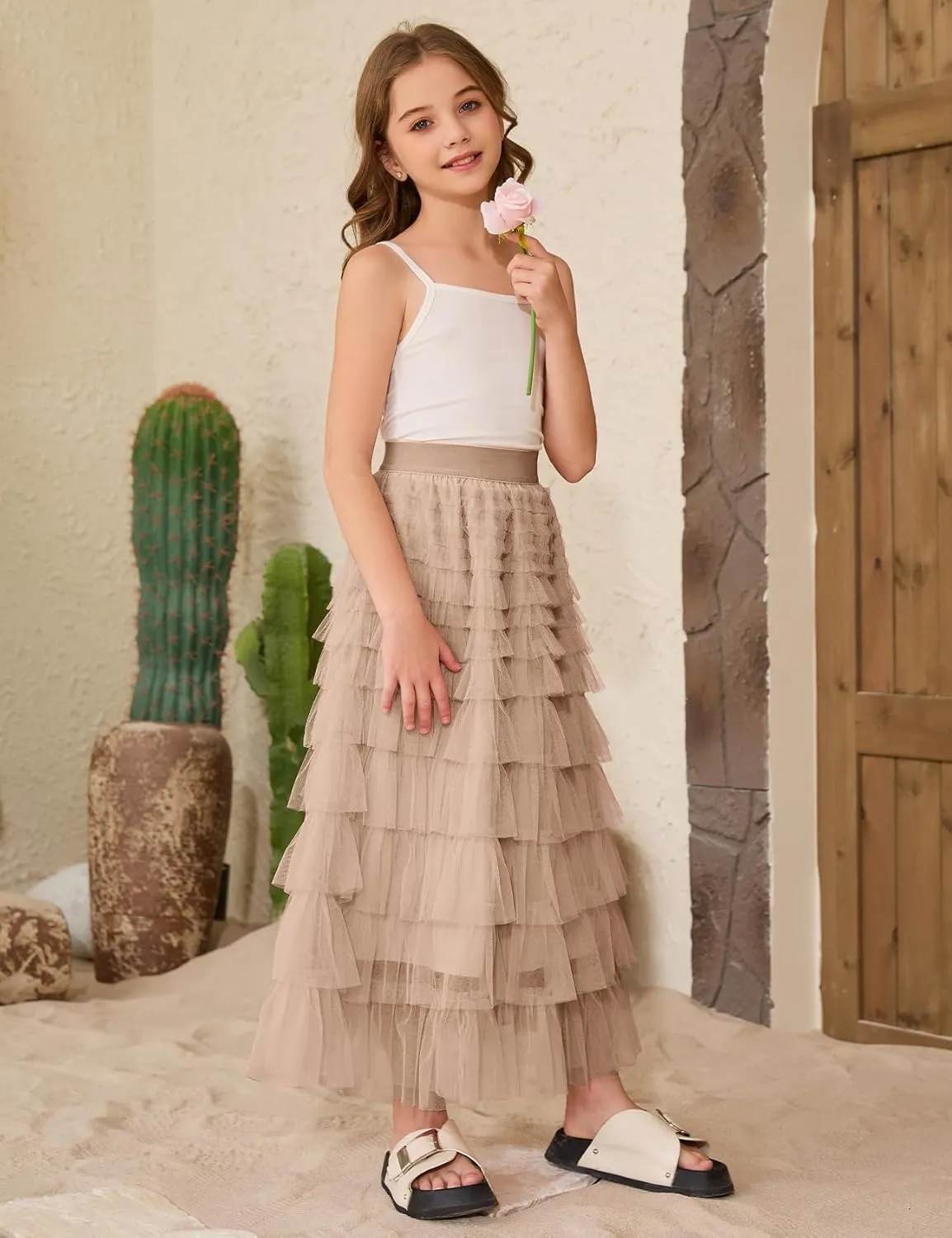COZYPOIN Girls Tulle Skirts Elastic High Waisted A Line Layered Ruffles Mesh Long Tiered Tutu Skirt Party Outfit 5-14T