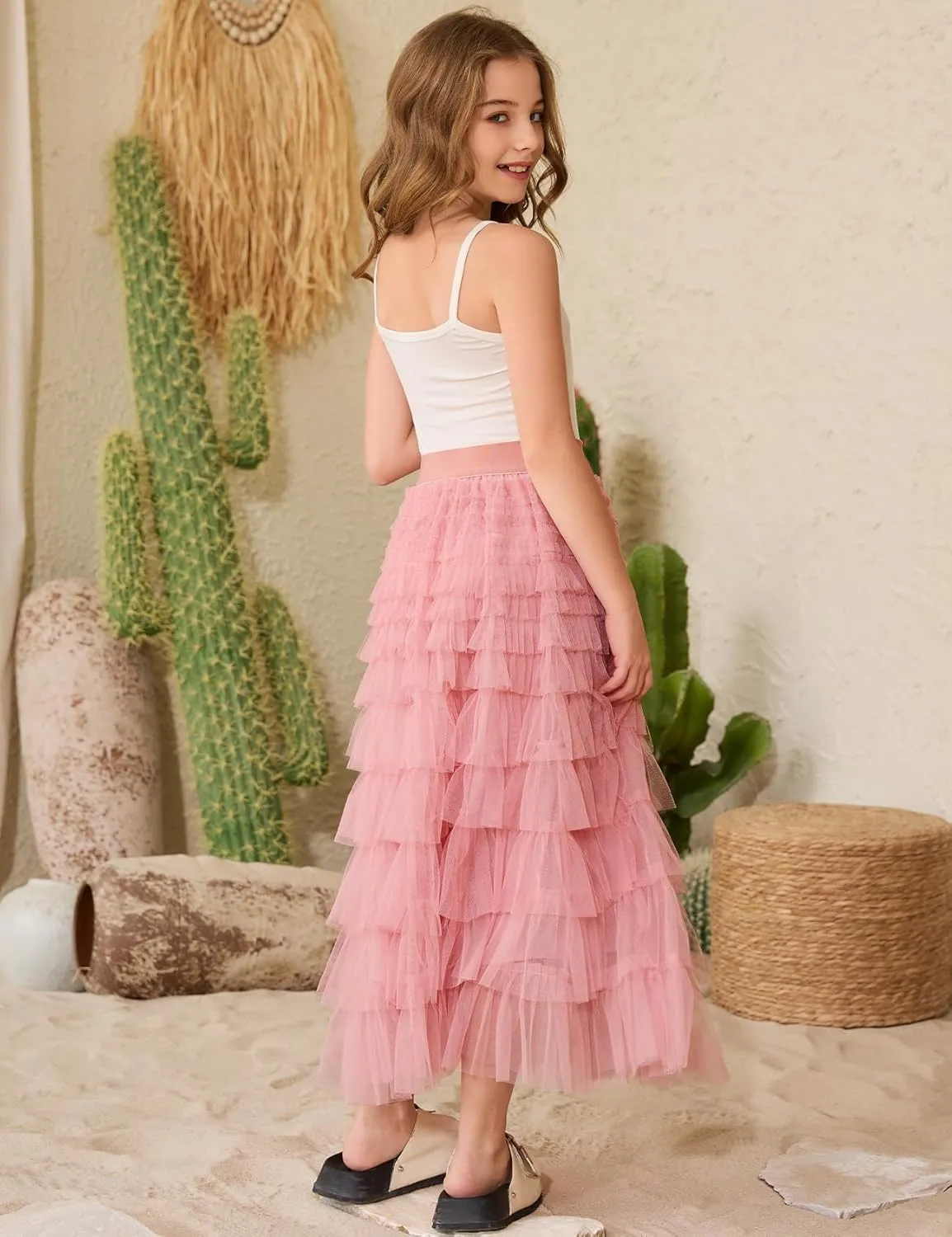 COZYPOIN Girls Tulle Skirts Elastic High Waisted A Line Layered Ruffles Mesh Long Tiered Tutu Skirt Party Outfit 5-14T