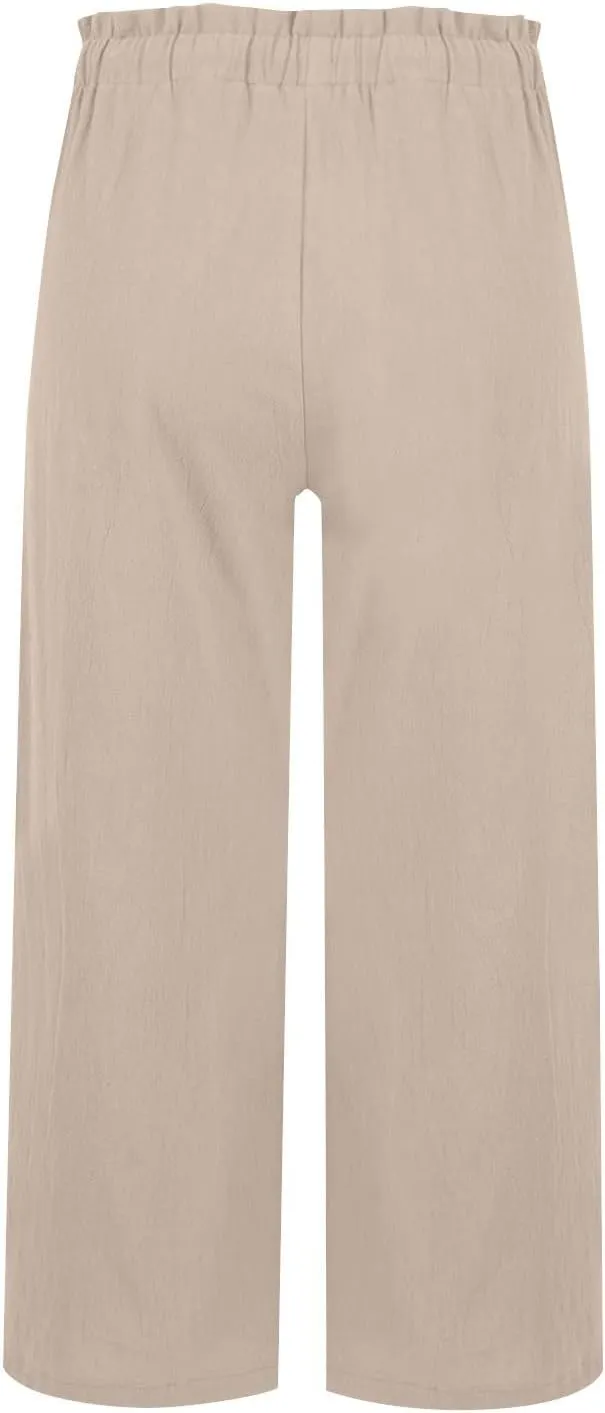 Cropped Linen Pants for Women Elastic High Waisted Wide Leg Beach Trousers Loose Casual Summer Capri Pants with Pocket