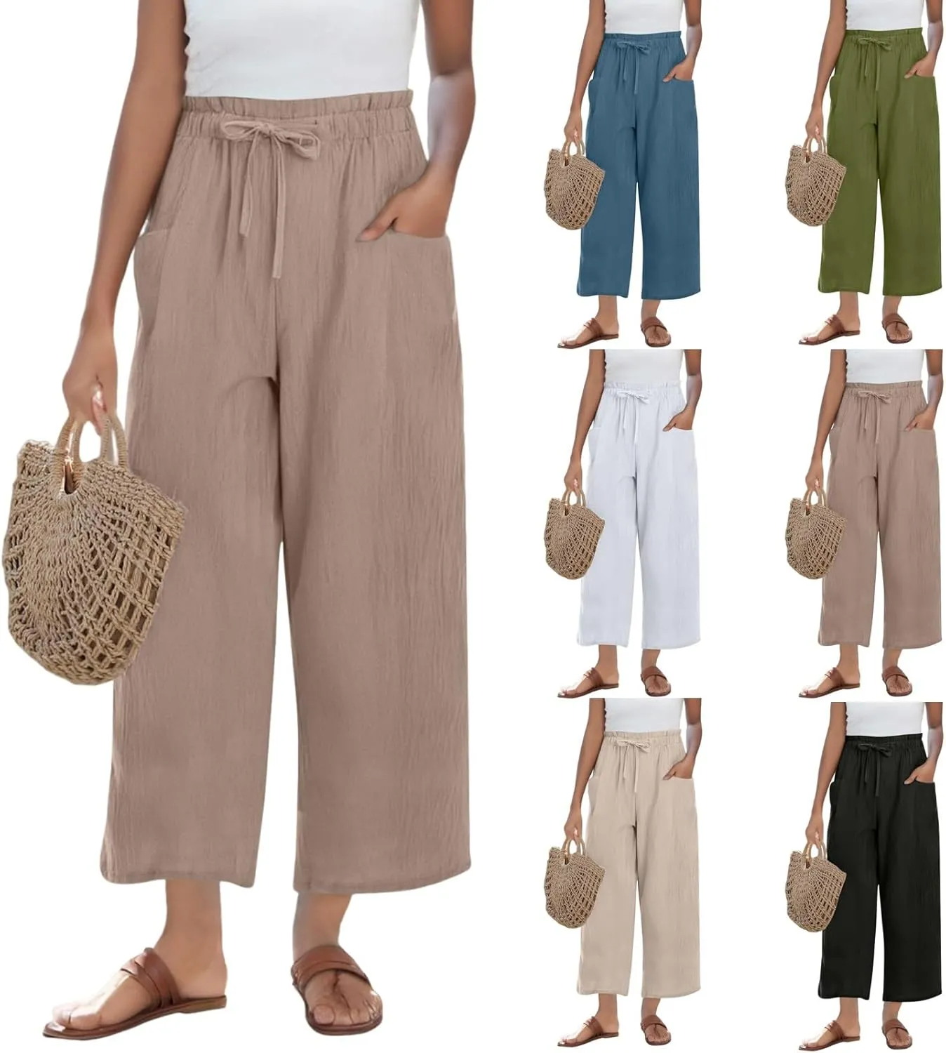 Cropped Linen Pants for Women Elastic High Waisted Wide Leg Beach Trousers Loose Casual Summer Capri Pants with Pocket