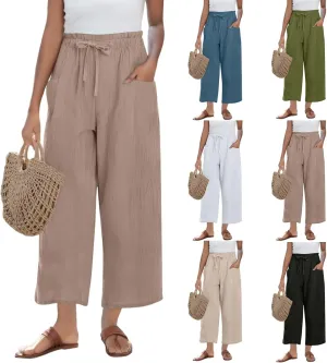 Cropped Linen Pants for Women Elastic High Waisted Wide Leg Beach Trousers Loose Casual Summer Capri Pants with Pocket