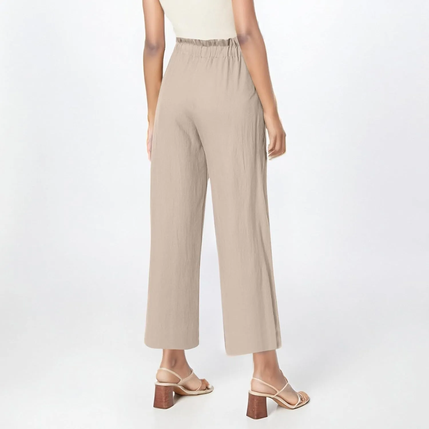 Cropped Linen Pants for Women Elastic High Waisted Wide Leg Beach Trousers Loose Casual Summer Capri Pants with Pocket