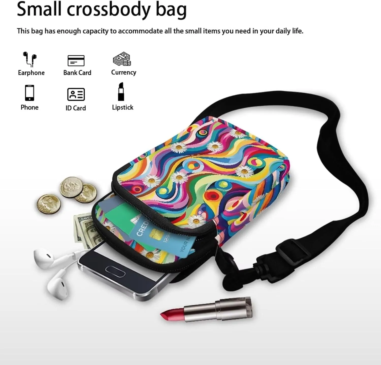 Daisy Flowers Rainbow Stripes Messenger Bag, 2 Layers Polyester Crossbody Chest Bag Satchel Sling Bags Waist Pouch for Girls Boys Teens