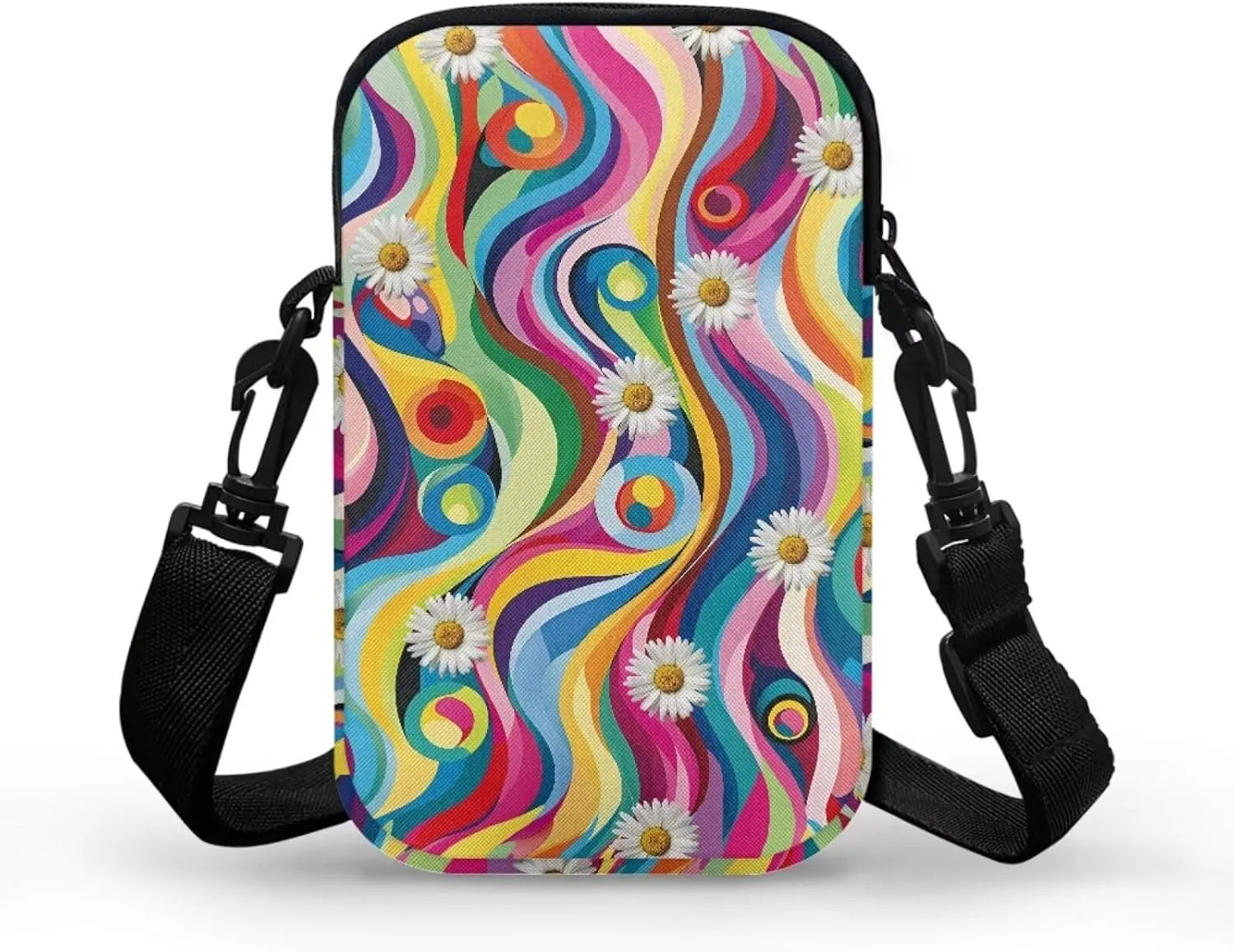 Daisy Flowers Rainbow Stripes Messenger Bag, 2 Layers Polyester Crossbody Chest Bag Satchel Sling Bags Waist Pouch for Girls Boys Teens