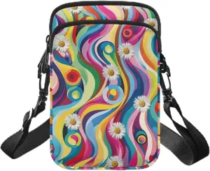 Daisy Flowers Rainbow Stripes Messenger Bag, 2 Layers Polyester Crossbody Chest Bag Satchel Sling Bags Waist Pouch for Girls Boys Teens