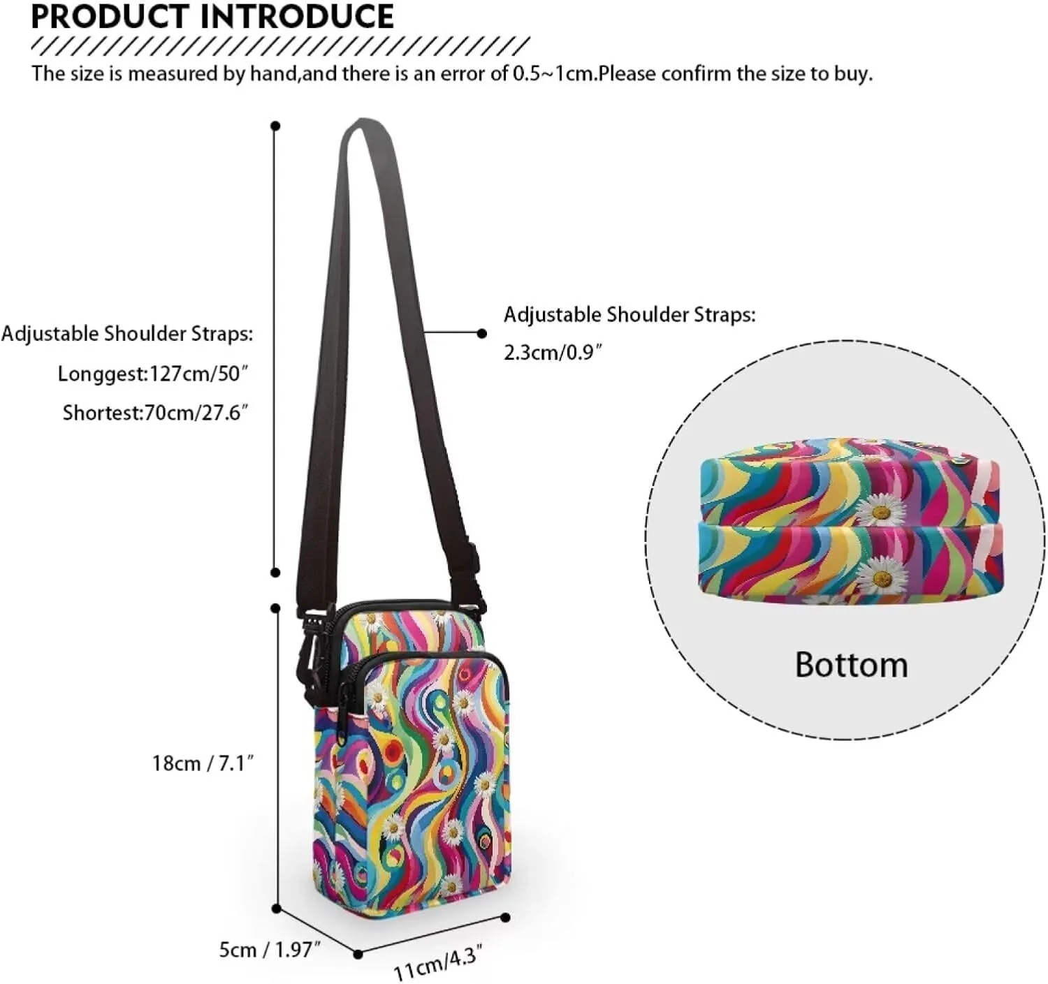 Daisy Flowers Rainbow Stripes Messenger Bag, 2 Layers Polyester Crossbody Chest Bag Satchel Sling Bags Waist Pouch for Girls Boys Teens