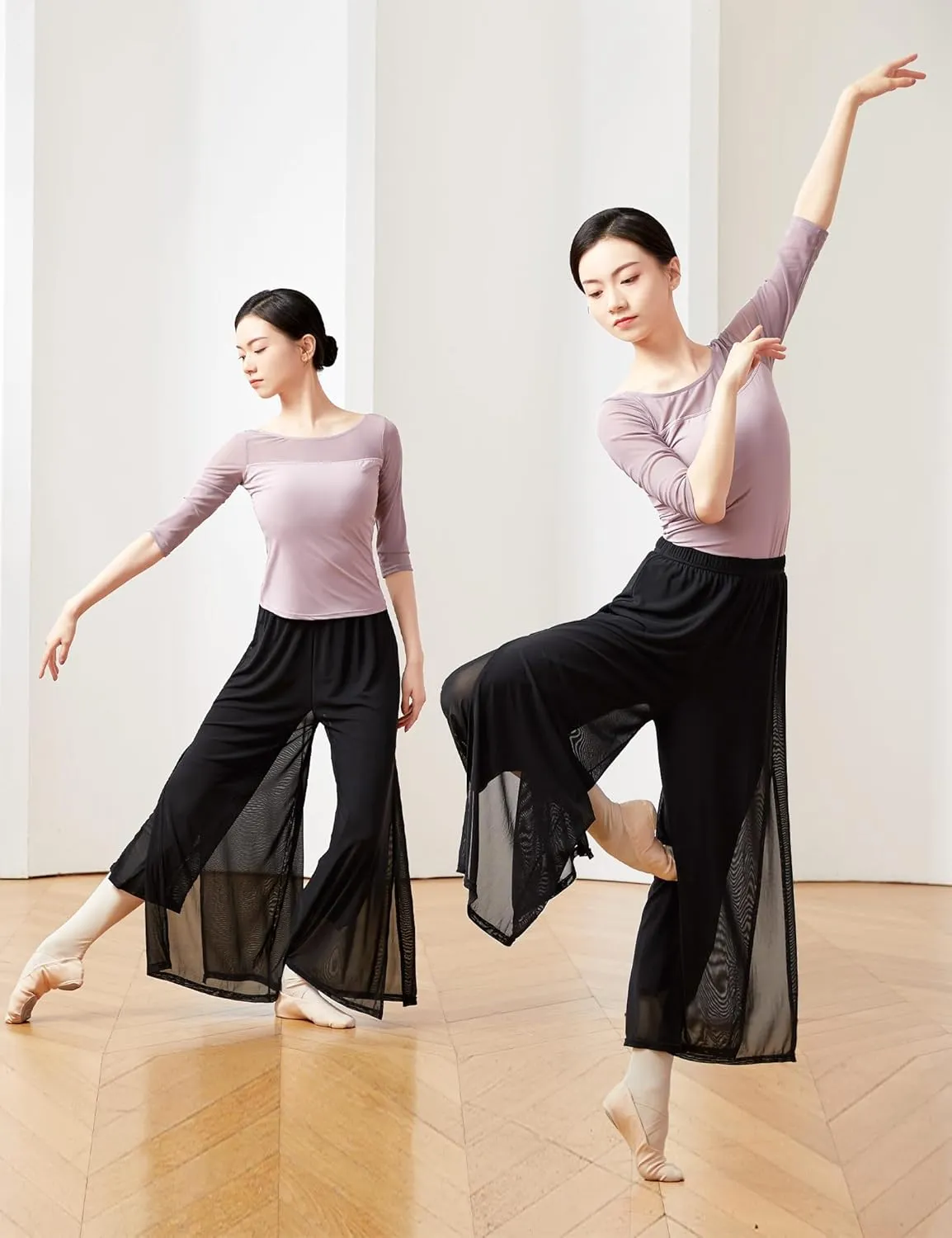 Daydance Women Palazzo Pants Loose 2 Layers Side Slit Loungewear for Dance, Ballet, Yoga