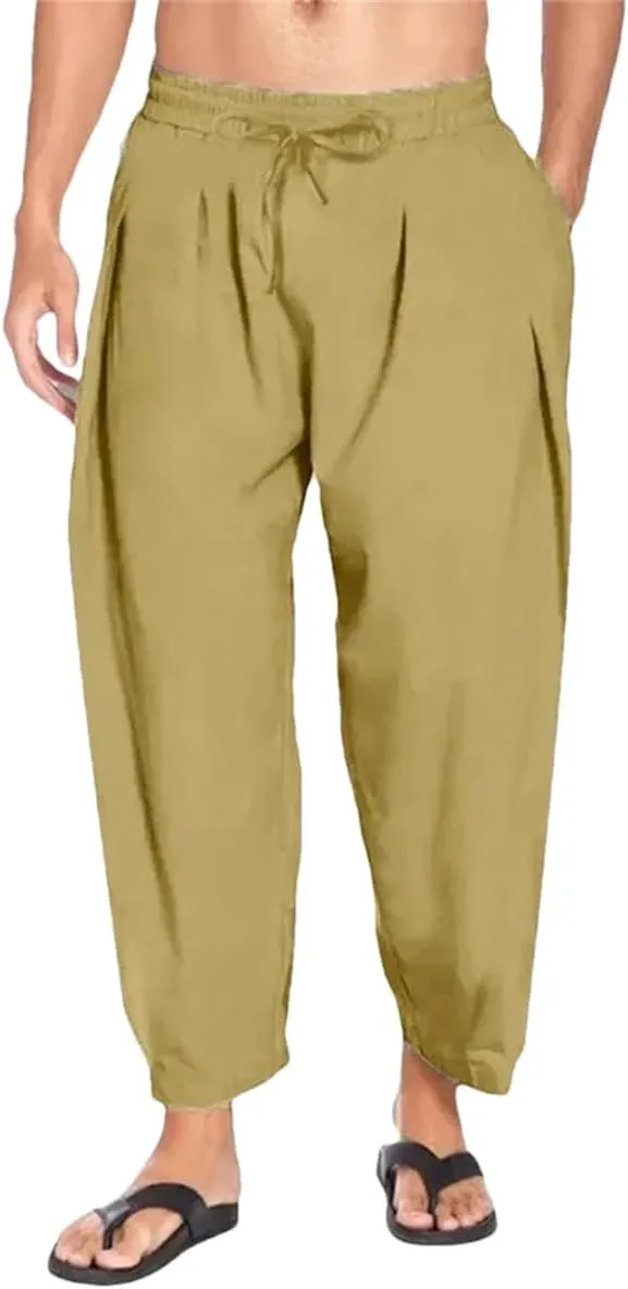 Dcvmvmn Mens Harem Pants Men Cotton Linen Lightweight Solid Color Trousers Beach Track Pants Breathable Pants