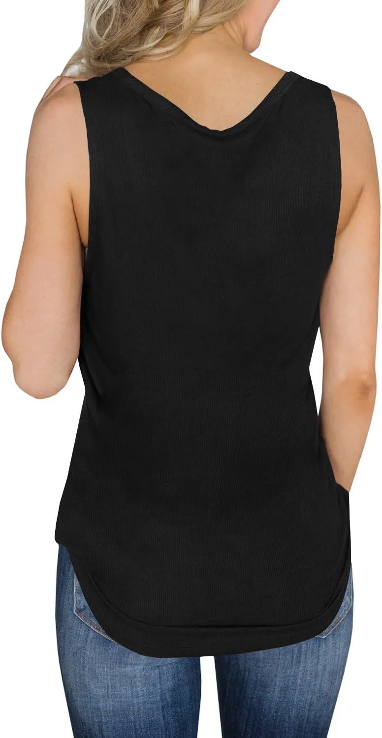 Dellytop Womens V Neck Tank Tops Sleeveless Henley Shirts Button Up Ribbed Long Tunic Tees